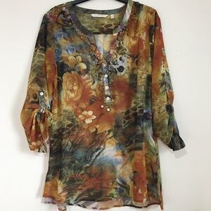 Soft Surroundings Boho Med Orange Multi Popover Embellished Beaded Tunic